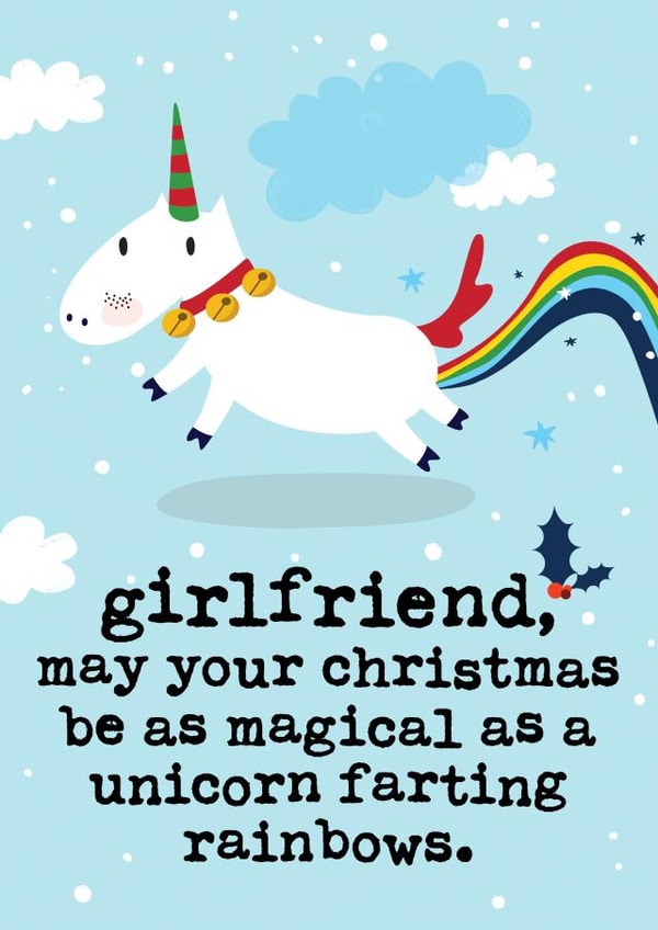 Funny Girlfriend Christmas Card - Unicorn Farting Rainbows created by Mrs Best Paper Co.