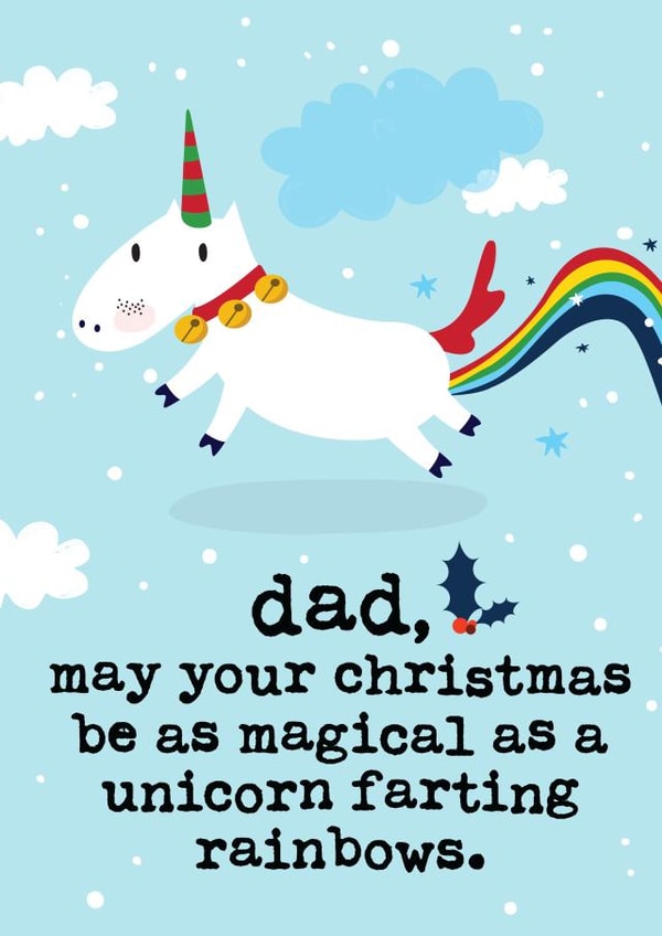 Funny Dad Christmas Card - Unicorn Farting Rainbows created by Mrs Best Paper Co.