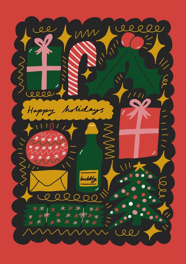 Happy Holidays - festive illustrated Christmas card perfect Season's Greetings created by Natalie Byrne