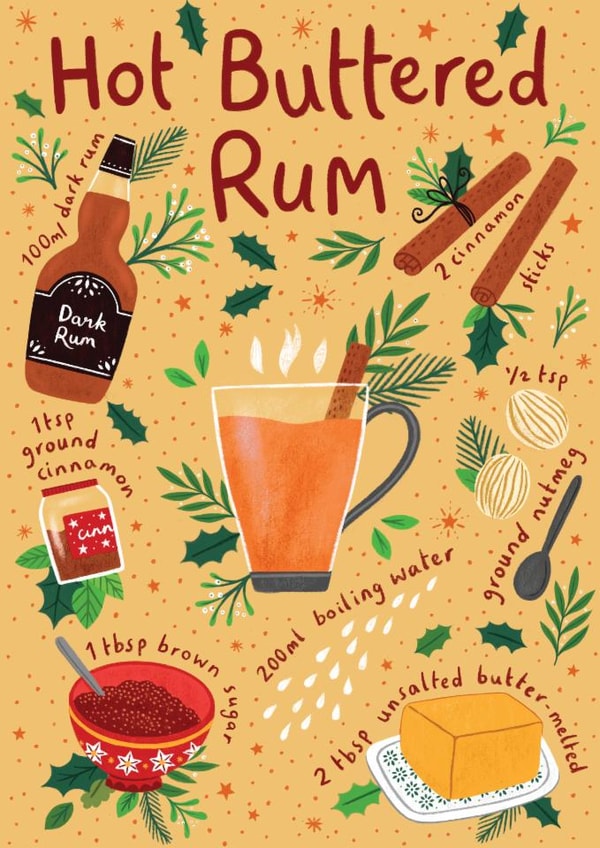Festive Hot Buttered Rum Cocktail Recipe Christmas Card created by Pear Tree Press
