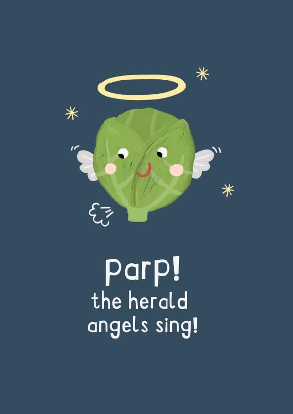 Cute and funny Brussel Sprout Christmas card- 'Parp! The herald Angels Sing!' created by Zoe Spry
