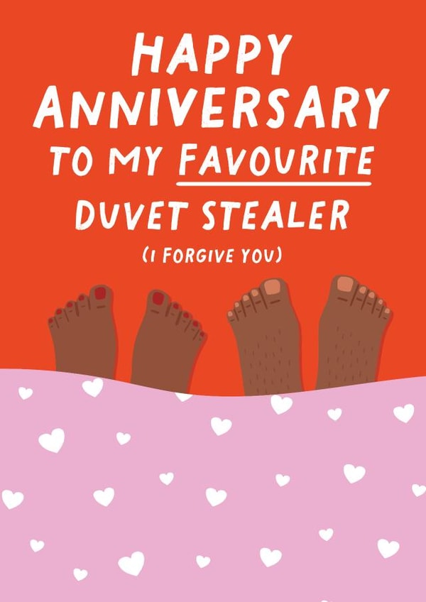 Cute Anniversary Card - Happy Anniversary to my Favourite Duvet Stealer created by Pixie Studio