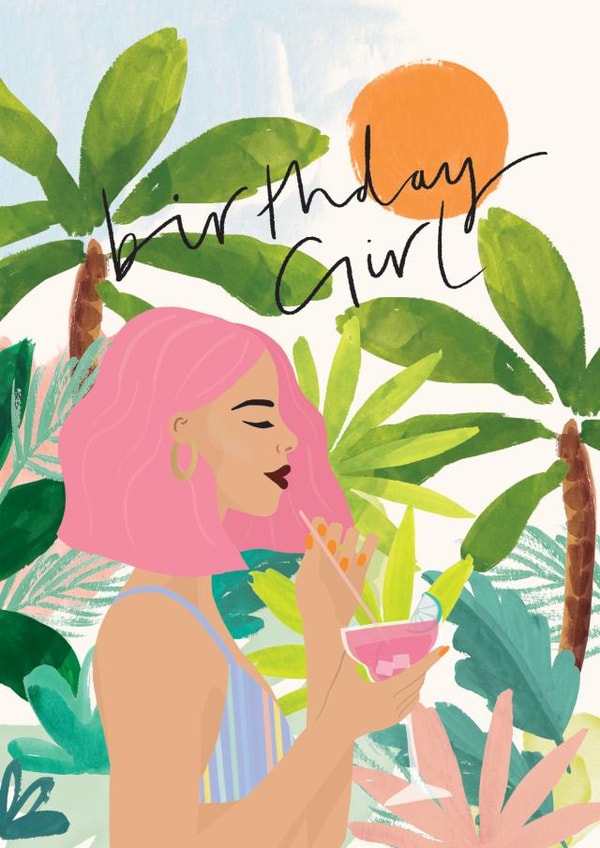 Cocktail Birthday Girl Card - Hand-painted Watercolour - Tropical Beach Holiday created by Paperlink and Meraki Greeting Cards