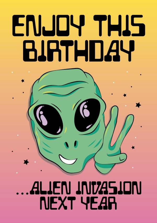 Cute, funny Alien UFO Birthday card created by Amy Watkinson