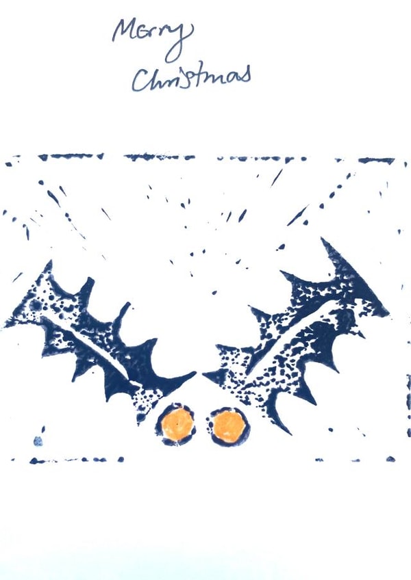 Christmas card 'orange holly' handmade Lino print - Merry Christmas created by NanglePrints