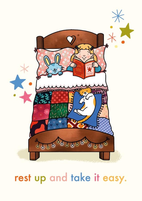 Rest up and take it easy - Get well soon illustrated card created by Emelia Brooks