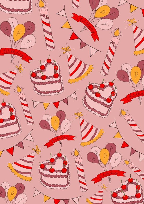 Cute Happy Birthday Card, Birthday Balloons, Vintage Cake, Party Hats created by Printed at the Disco