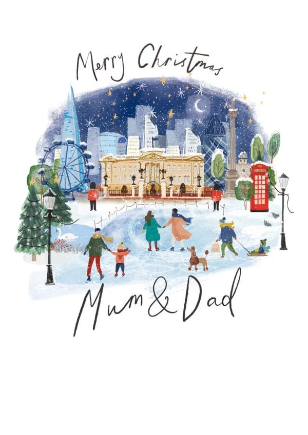London Christmas card for Mum and Dad, traditional watercolour illustration created by Hannah Owen Illustrates