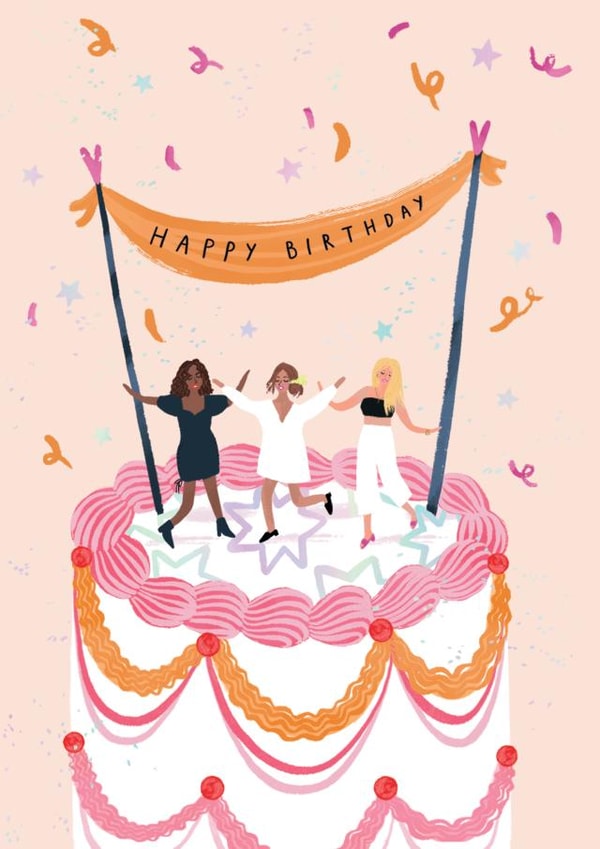 Cute Girls Dancing On Cake - Happy Birthday created by Paperlink and Meraki Greeting Cards