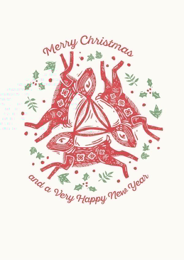 Traditional Christmas card - Festive Hares - by printmaker Ian Cunliffe created by Paper Bird