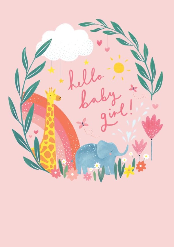 Cute Hello Baby Girl Card - Jungle Animals - New Baby created by Paperlink and Meraki Greeting Cards