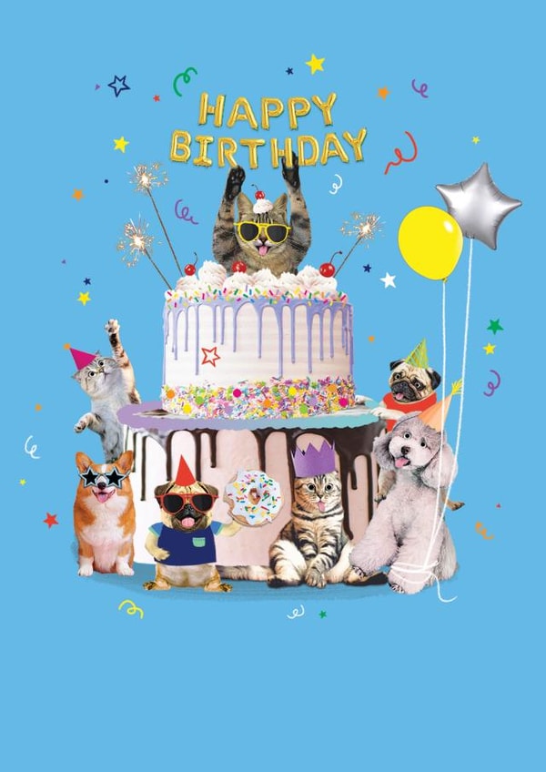 Fun Happy Birthday Card - Party Cats & Dogs created by Paperlink and Meraki Greeting Cards
