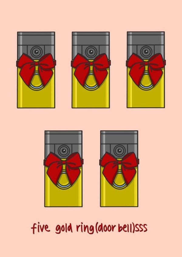Punny Christmas card - Festive Ring Doorbells - Five Gold Ring(doorbell)sss!' created by Created by Tsui
