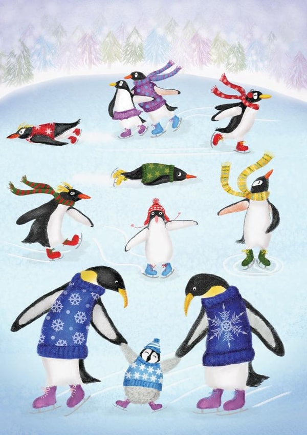 Cute Christmas penguins skating on a frozen lake created by LeopardyNonsense