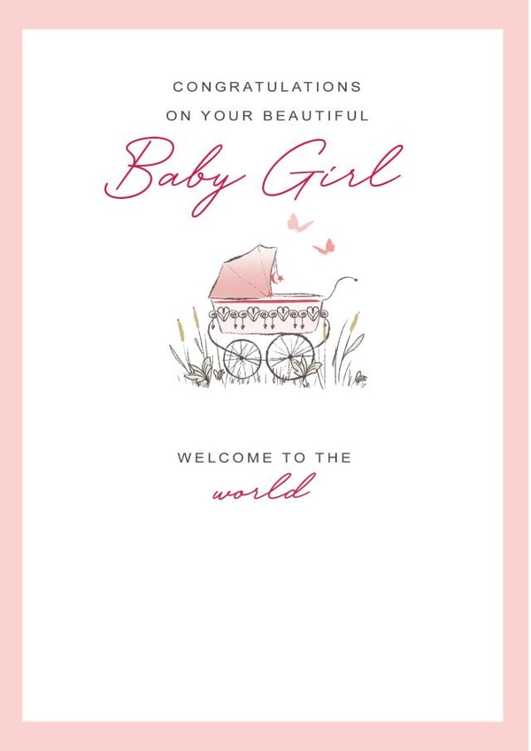 New Baby Girl card - sweet pink pram - welcome to the world created by Orchard Design House