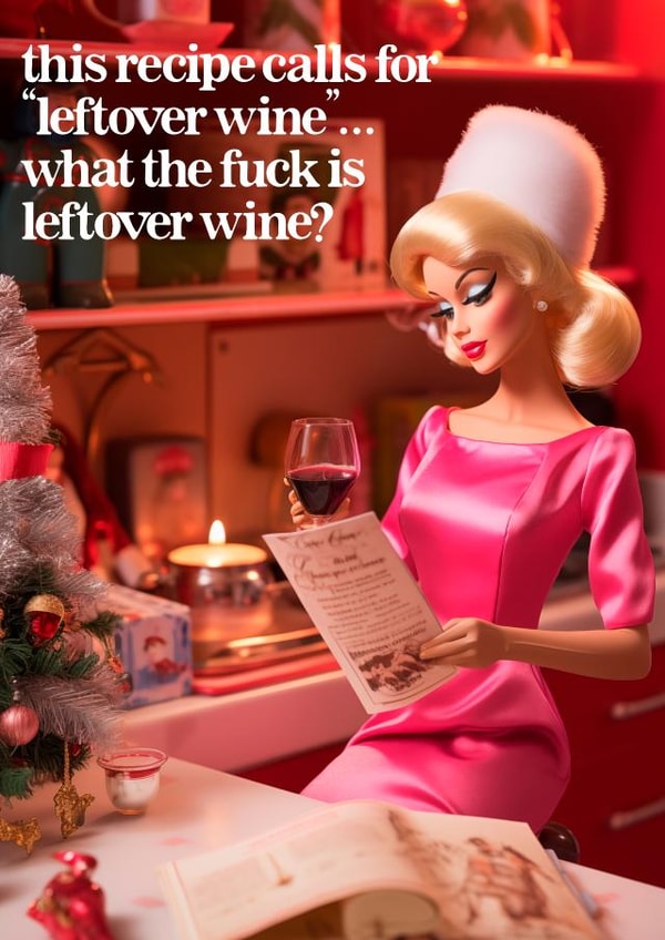 Funny Christmas card for a friend or sister - A Doll with leftover wine- Humour created by Vanilla Frosting Studio
