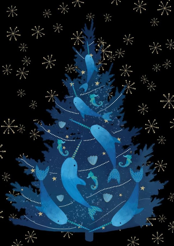 Christmas Card, Christmas tree, Whales and snowflakes created by Annie Wilkinson