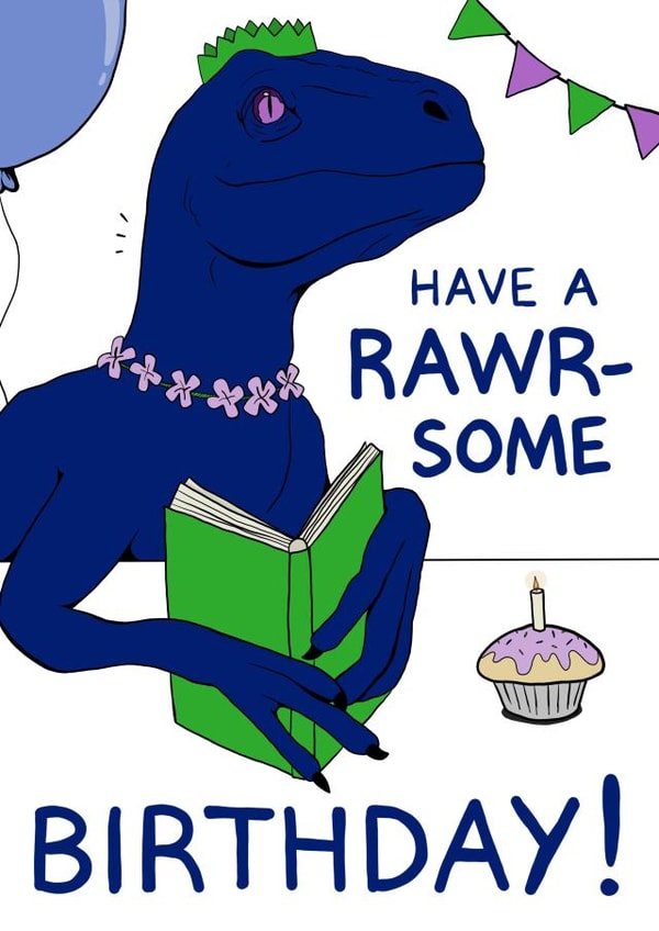 Reading Velociraptor Birthday Card created by Goblin Kreations