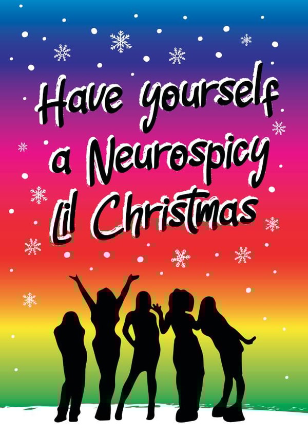 Cute Spice Girls-themed Christmas card for your Neurodivergent Friend created by Fran Hennessy, Shimmy Shimmy Yay!