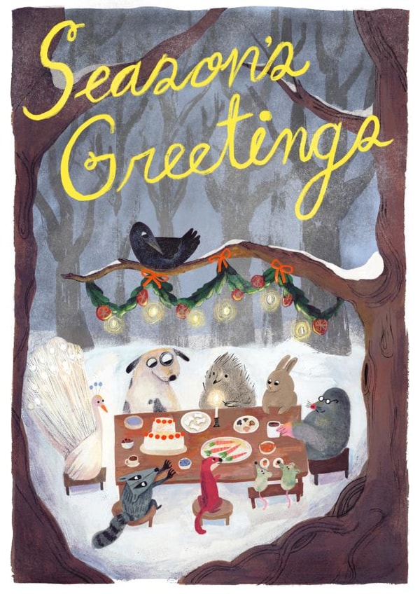 Animal holiday meal in the woods - Seasons Greetings - holiday winter season created by Abbie Preston