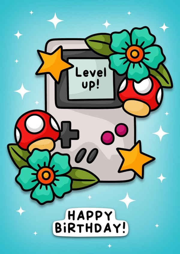 Cool gamers level up Birthday Card. Retro Gamer design for teens and grown ups! created by Wafflemamaart
