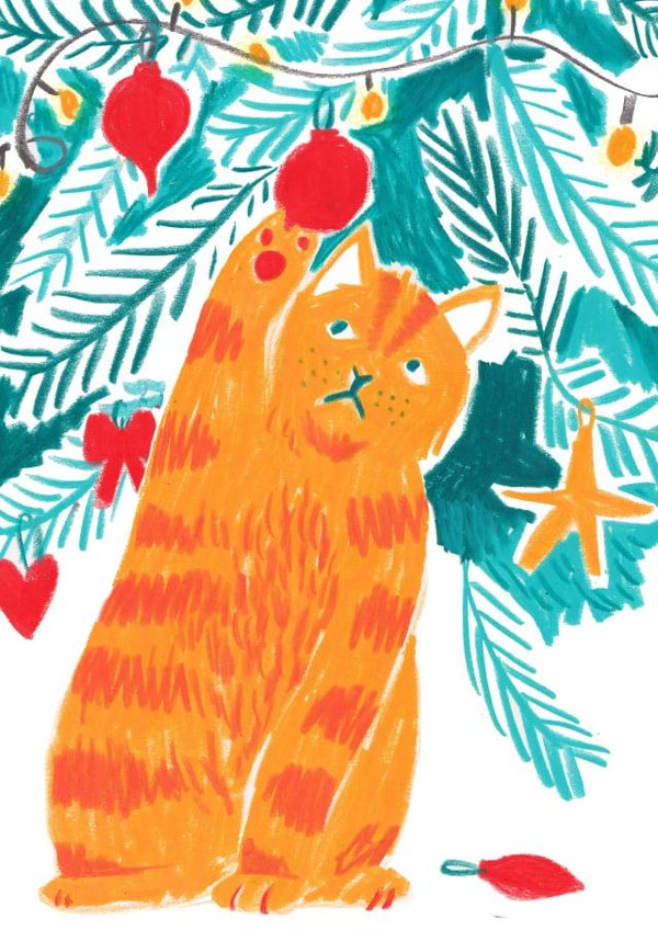 Cute Ginger Christmas cat causing chaos, for all the cat lovers in your life. created by Mira.Sol.Rae