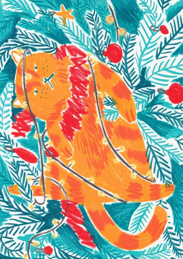 Christmas ginger cat stuck in a tree for the cat lover in your life! created by Mira.Sol.Rae