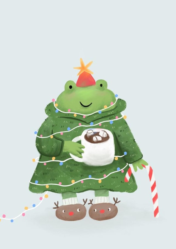 Cute Christmas card with funny frog holding cacao created by Anna Alekseeva