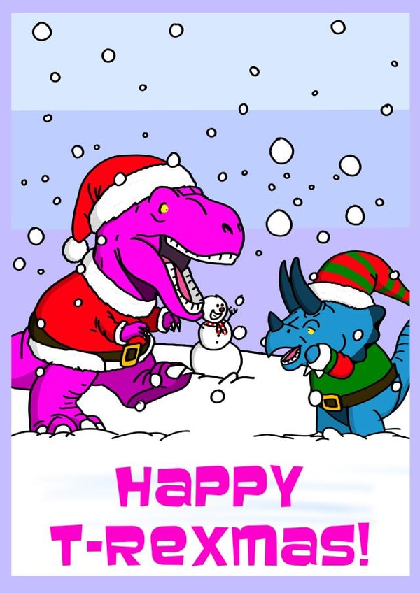 Fun Christmas Card - Tyrannosaurus and Triceratops playing - Happy T-Rexmas! created by Tee Rex
