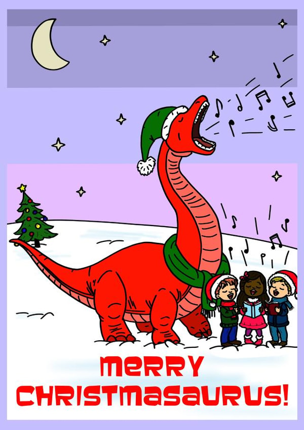 Fun Christmas Card, Family And Friends- Carolling Dinosaur- Merry Christmasaurus created by Tee Rex
