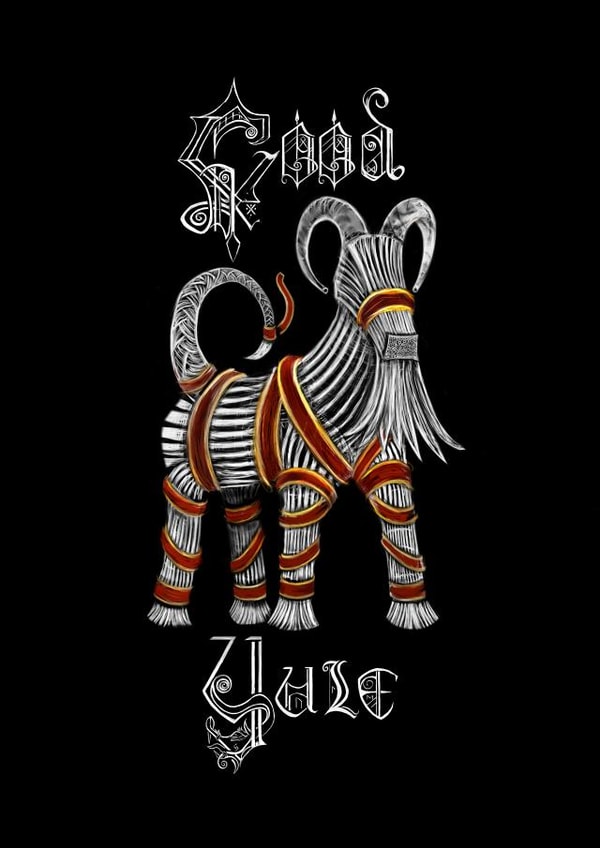 Yule card featuring a straw Yule Goat or "Julbock" created by White Thorn
