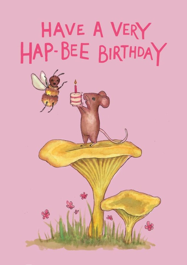 Cute birthday card - Mouse, Bee and Chanterelle Mushroom created by Zoe Pearl
