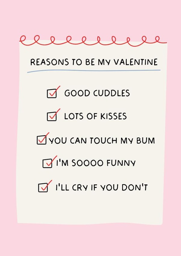 Cute Reasons To Be My Valentine Checklist Valentines Card created by Puns and Needles