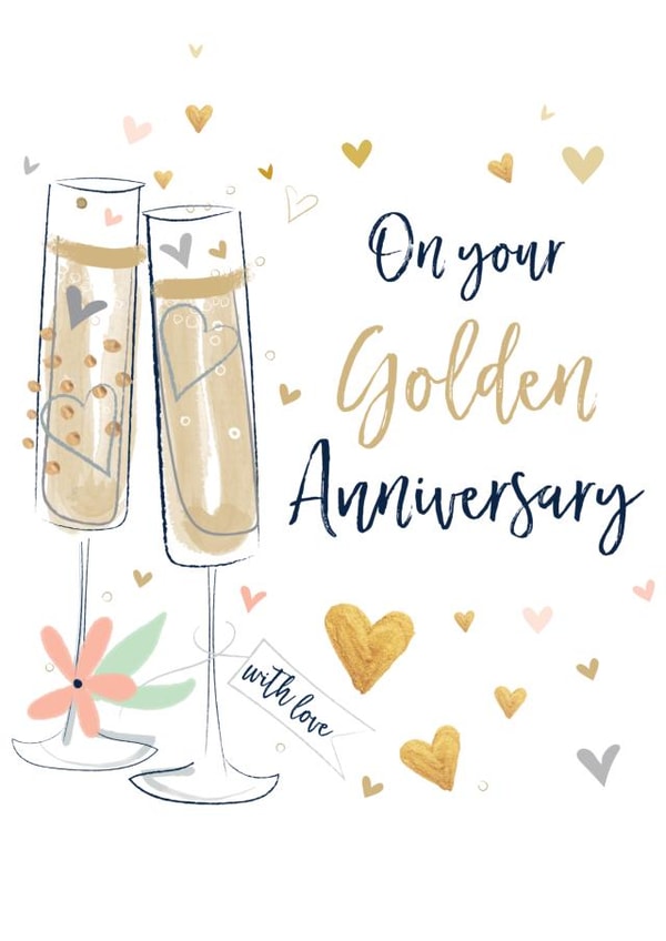Golden Wedding Anniversary Card - with gold hearts and glasses created by Katie Phythian Design