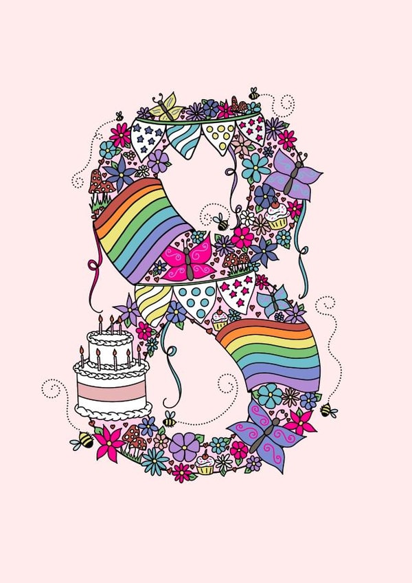 Pretty Birthday Card - 8 Today - Illustrated created by Jenny Wren Designs