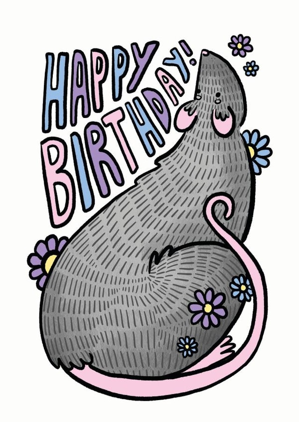 Cute Happy Birthday Card - Illustrated Rat created by Kate Wand