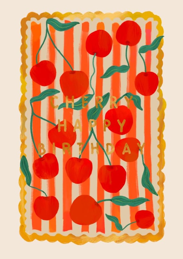 Cute Cherry happy birthday card for funky friend, happy birthday for her created by Kate Fox