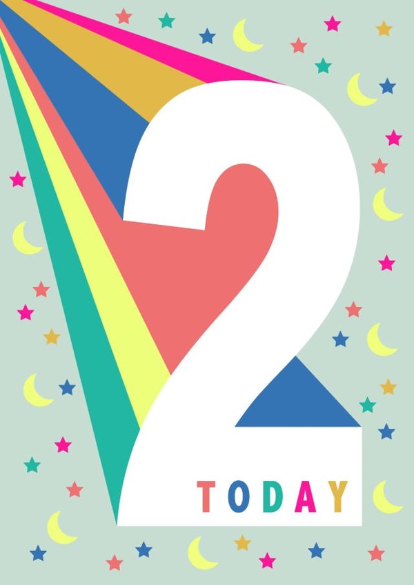 Colourful 2nd Birthday wishes - Modern moon and stars card created by Ally Marie Illustration