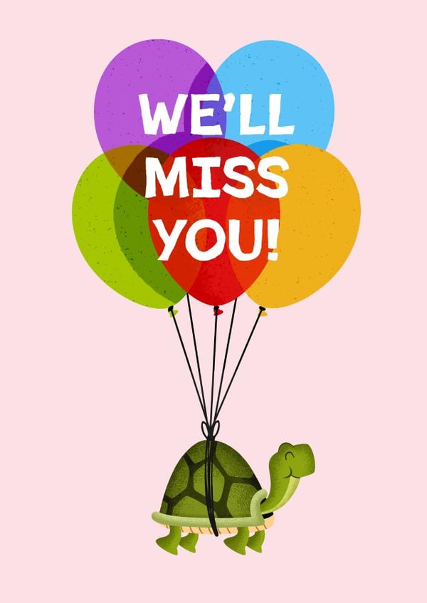 Cute Leaving/New Job Card - We'll Miss You - Tortoise on Balloons created by Folio | Ian Owen