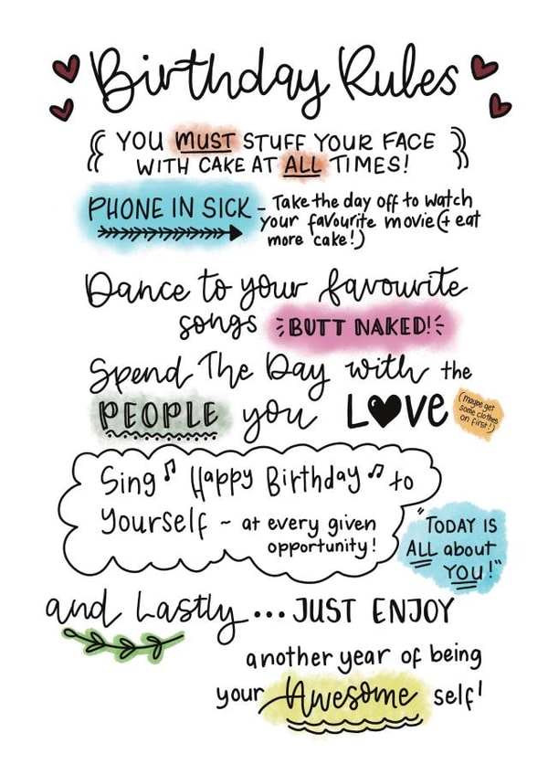 Birthday Rules Card - Treat yourself - Great day created by Emma Riches - Emma Riches Art