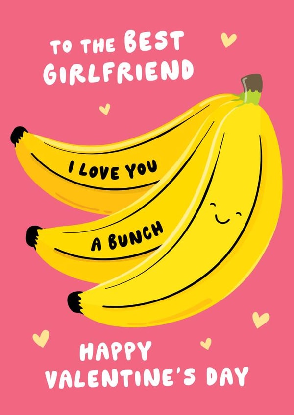 Cute Girlfriend Valentine's Card - Love You A Bunch - Bananas Pun created by Fliss Muir