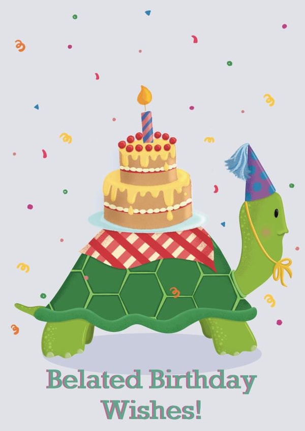 Party Tortoise Bringing the Belated Birthday Wishes & Cake-Cute-Fun-Friends created by Toulie Illustration
