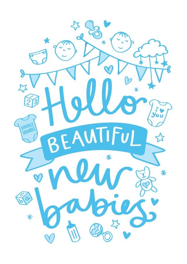 Pretty New Babies Card - Beautiful - Illustration - Twins created by Jane Katherine Houghton