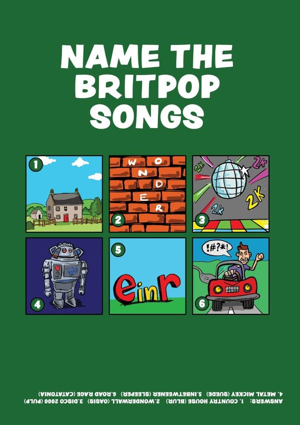 Cute Birthday Card - Name the Britpop Songs - 1990s Music Quiz Card created by MOJO Creative Studio