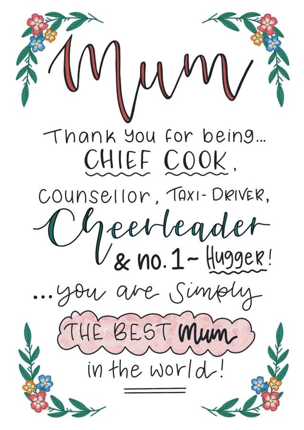 Thank you for being the best mum card on Mother’s Day or to just say thank you created by Emma Riches - Emma Riches Art
