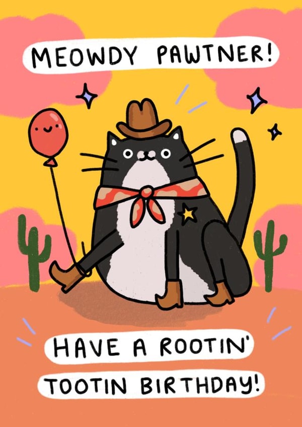Funny Birthday Card - Cute Cowboy Black & white Cat created by Wren & Wilson