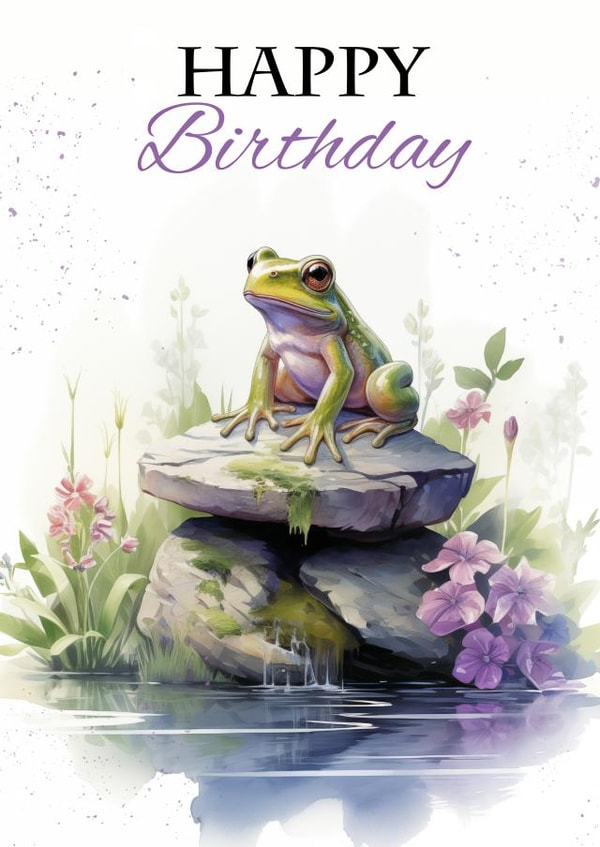 Happy Birthday Frog Sitting on a Rock with Flowers and Pond created by Tanya Hall