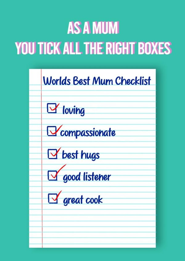 Cute Mother's Day Card For Mum - Checklist - "Worlds Best Mum" created by Tiny Stamp