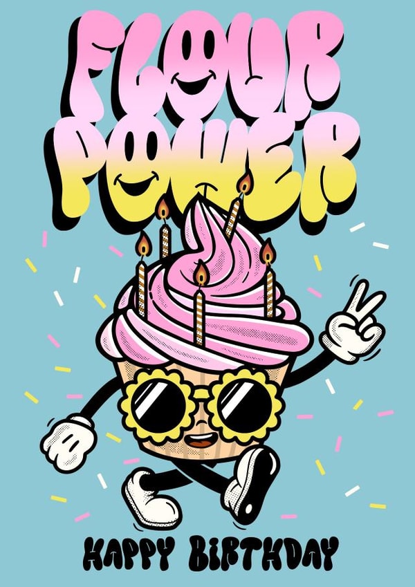 Flour Power cute cupcake mascot birthday card created by Foxx & Raccoon