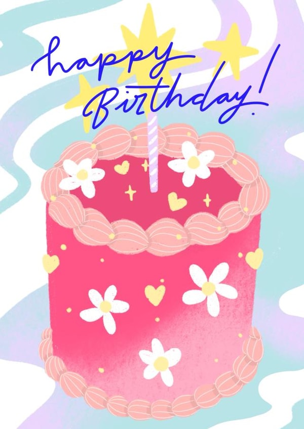 Colourful Pastel, vibrant and Fun Happy Birthday Cake Card created by Emily Hline Illustration